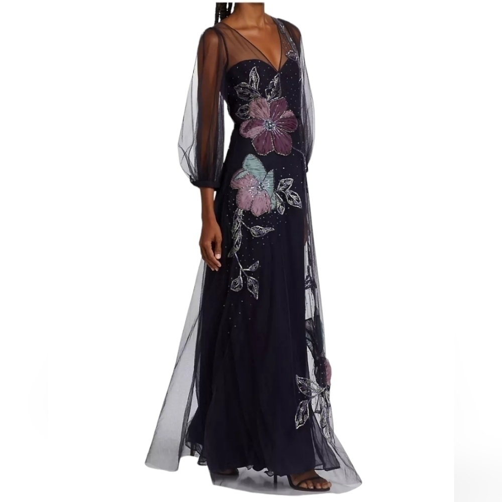 ​NWT Marchesa Notte Sheer Puff Sleeve Gown – Wedding Guest / Black Tie Formal